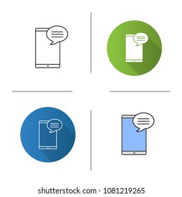 Smartphone with speech bubble icon. SMS, notification, message. Online chat. Forum. Flat design, linear and color styles. Isolated vector illustrations
