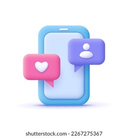 Smartphone and speech bubble with like heart and user follower icon. Social media, marketing and network concept. 3d vector icon. Cartoon minimal style.