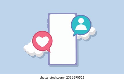El Smartphone y la burbuja de la voz con un icono de corazón y de seguidores de usuario. Medios sociales, marketing y concepto de red.