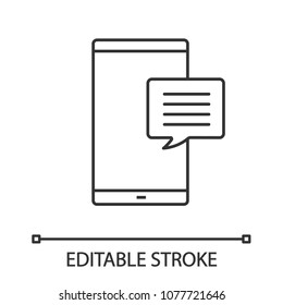 Smartphone with speech bubble linear icon. Thin line illustration. SMS, notification, message. Online chat. Forum. Contour symbol. Vector isolated outline drawing. Editable stroke