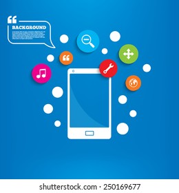 Smartphone with speech bubble. Magnifier glass and globe search icons. Fullscreen arrows and wrench key repair sign symbols. Background with circles, quotes and musical note. Vector