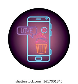 smartphone with speech bubble in neon light, valentines day vector illustration design