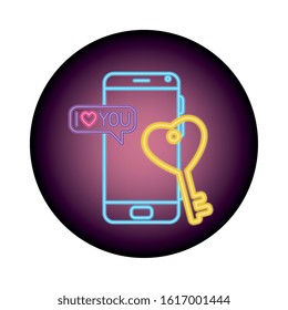 smartphone with speech bubble in neon light, valentines day vector illustration design