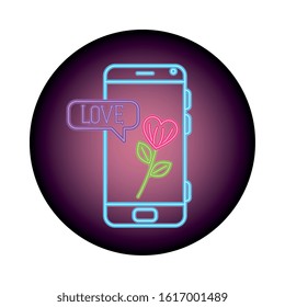 smartphone with speech bubble in neon light, valentines day vector illustration design
