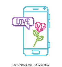 smartphone with speech bubble in neon light, valentines day vector illustration design