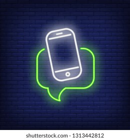 Smartphone with speech bubble neon sign. Technology and communication design. Night bright neon sign, colorful billboard, light banner. Vector illustration in neon style.
