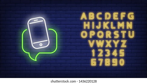 Smartphone with speech bubble neon sign. Technology and communication design. Night bright neon sign, colorful billboard, light banner. Vector illustration in neon style.