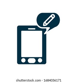smartphone with speech bubble with pencil icon over white background, silhouette style, vector illustration