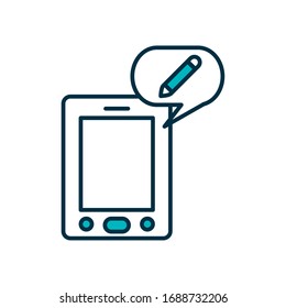 smartphone with speech bubble with pencil icon over white background, half line half color style , vector illustration