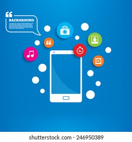 Smartphone with speech bubble. Photo camera icon. Flash light and video frame symbols. Stopwatch timer 2 seconds sign. Human portrait photo frame. Background with circles, quotes and musical note.
