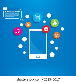 Smartphone with speech bubble. Plus add circle and puzzle piece icons. Document file and globe with hand pointer sign symbols. Background with circles, quotes and musical note. Vector