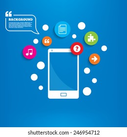 Smartphone with speech bubble. Question mark and puzzle piece icons. Document file and next arrow sign symbols. Background with circles, quotes and musical note. Vector