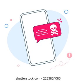 Smartphone with speech bubble and skull and bones on screen. Skull icon. Threats, mobile malware, spam messages, fraud, sms spam concepts. Modern flat design vector illustration