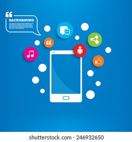 Smartphone with speech bubble. Social media icons. Chat speech bubble and Share link symbols. Like thumb up finger sign. Human person profile. Background with circles, quotes and musical note. Vector