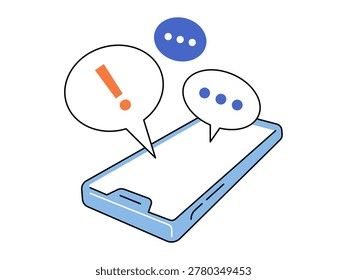 Smartphone with speech bubbles and alert vector illustration. Mobile communication, customer support, social media, instant messaging, digital notification, feedback. Cellphone with chat icons