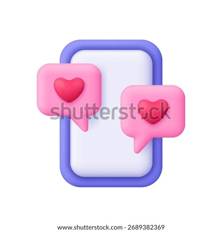 Smartphone with speech bubbles and hearts, romantic and flirt chat. Online dating, love messages, texting, social media and mobile communication concept. 3d vector icon. Cartoon minimal style.