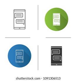 Smartphone with speech bubbles icon. SMS, notification, message. Online chat. Forum. Flat design, linear and glyph styles. Isolated vector illustrations