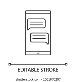 Smartphone with speech bubbles linear icon. Thin line illustration. SMS, notification, message. Online chat. Forum. Contour symbol. Vector isolated outline drawing. Editable stroke