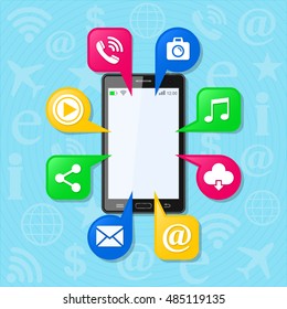 Smartphone and speech bubbles with social media signs. Website illustration, communication concept with background. Mobile icons into bubbles. Vector.