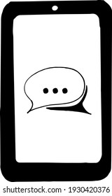 smartphone con nube de voz en el icono de pantalla, pegatina. esbozar el estilo de doodle dibujado a mano. vector, minimalismo, monocromo. teléfono, medios sociales, redes, blogger, blog, blogueo, tecnología, electrónica