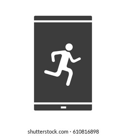 Smartphone sport app glyph icon. Silhouette symbol. Smart phone with running man pictogram. Negative space. Vector isolated illustration