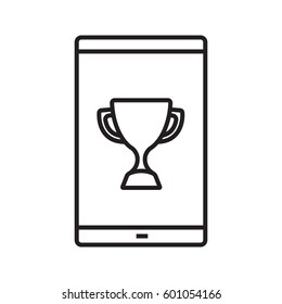 Smartphone sport app linear icon. Thin line illustration. Smart phone with winner's cup contour symbol. Vector isolated outline drawing
