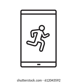 Smartphone sport app linear icon. Thin line illustration. Smart phone with running man contour symbol. Pedometer. Vector isolated outline drawing