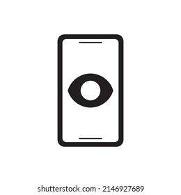 Smartphone spy, smartphone with eye in screen icon in black flat glyph, filled style isolated on white background