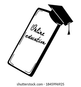Smartphone con gorro académico cuadrado. Educación en línea. Escuela o colegio digital. E-learning. Icono se puede usar para web y móvil en fondo blanco.
