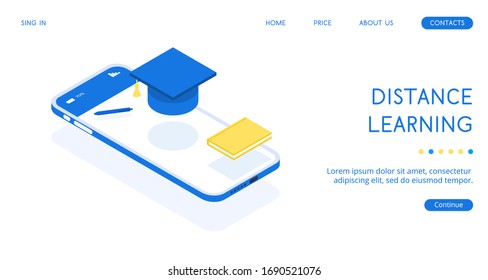 Smartphone with a square academic cap, pen and book. The smartphone launched an application for distance online learning. Isometric vector illustration with web design elements.