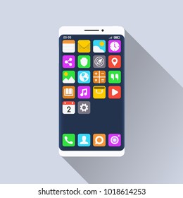 Smartphone and standard mobile applications on its screen. Flat design illustration