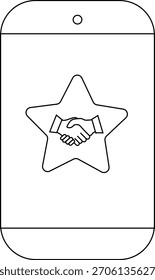 Smartphone con una estrella que contiene un icono de apretón de manos que muestra una asociación comercial