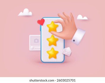 Smartphone with a star rating, comment review chat bubble and pencil, symbolizing reviews and feedback. 3D Web Vector Illustrations.