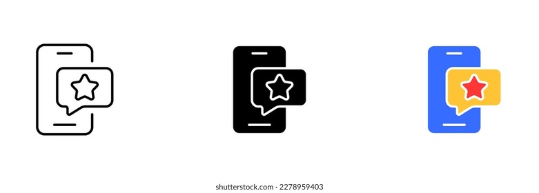 Un smartphone con un símbolo de estrella en la pantalla. La estrella podría representar un marcador, un contacto favorito o una notificación. Conjunto vectorial de iconos en línea, de color y negro aislados.