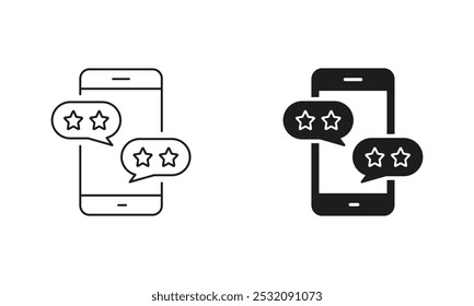 Smartphone With Stars And Speech Bubble Symbol. Customer Feedback On Mobile Phone Line Icon. Social Media App Rating Linear Pictogram. Editable Stroke. Isolated Vector Illustration.