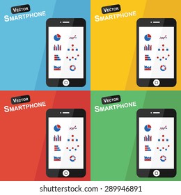 Smartphone with stat icon on different background ( Flat design ) ( Statistic icon : pie chart , bar diagram , line chart , pictogram , flow chart  , statistical chart , dot chart )
