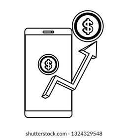 smartphone with statistics arrow and coin