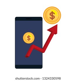 smartphone with statistics arrow and coin