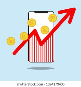smartphone with statistics arrow and coin