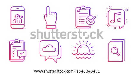 Smartphone statistics, Click hand and Musical note line icons set. Checklist, Survey checklist and Weather forecast signs. Sunset, Search files symbols. Mobile business, Direction finger. Vector