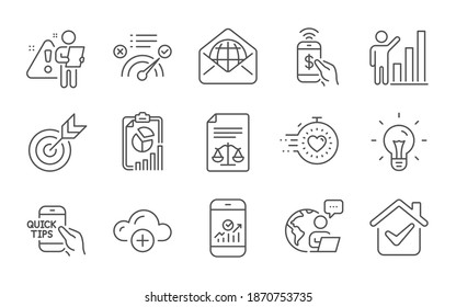 Smartphone statistics, Cloud computing and Web mail line icons set. Target, Education and Legal documents signs. Timer, Idea and Graph chart symbols. Correct answer, Report and Phone payment. Vector