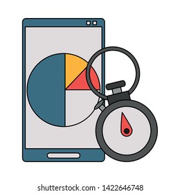 Smartphone with statistics graph and timer symbols vector illustration graphic design