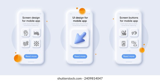 Smartphone statistics, Power and Operational excellence line icons pack. 3d phone mockups with cursor. Glass smartphone screen. Megaphone, Confirmed flight, Mental conundrum web icon. Vector
