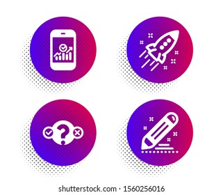 Smartphone statistics, Quiz test and Startup rocket icons simple set. Halftone dots button. Brand contract sign. Mobile business, Select answer, Business innovation. Edit report. Education set. Vector