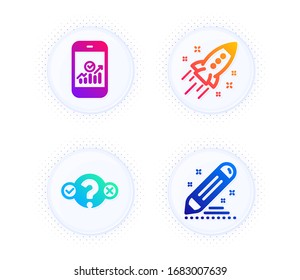 Smartphone statistics, Quiz test and Startup rocket icons simple set. Button with halftone dots. Brand contract sign. Mobile business, Select answer, Business innovation. Edit report. Vector
