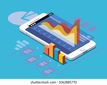 Smartphone with statistics report graphs information data. Vector