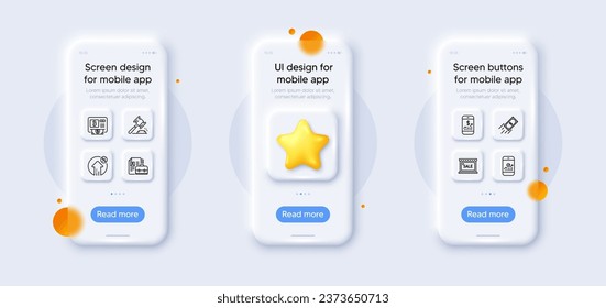 Smartphone statistics, Sale and Bitcoin atm line icons pack. 3d phone mockups with star. Glass smartphone screen. Loan percent, Auction hammer, Fast payment web icon. Vector