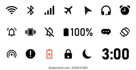 Smartphone status bar icon set. Set of all essential notification bar icons- wi-fi, internet, network, hotspot, alarm, airplane mode, battery percentage, vibration mode, silent, clock and location.