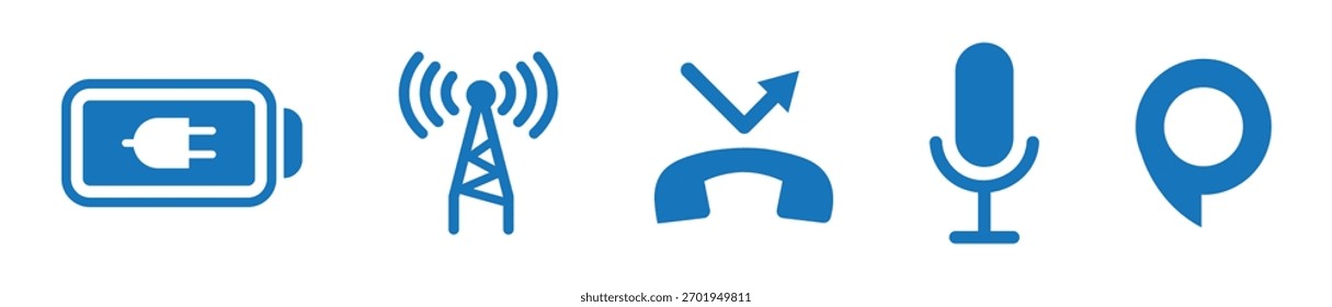 Smartphone status bar icon set. Set of all essential notification bar icons- wi-fi, internet, network, hotspot, alarm, airplane mode, battery percentage, vibration mode, silent, clock and location.