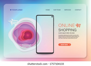 Smartphone and steps paper cut web template for online shopping and marketing online. Vector illustration for business online.